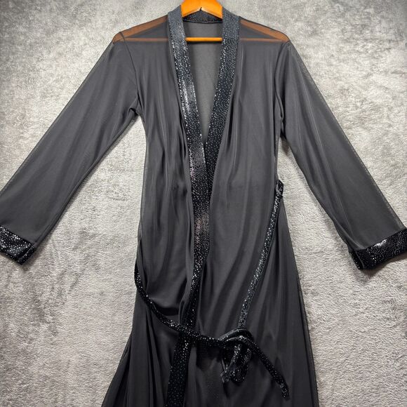 Vintage Slip Dress Nightgown Robe Set Sheer Velvet Trim Black Silver Small F177 - Picture 3 of 10
